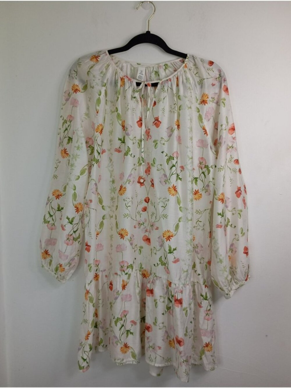 Floral Tiered Long Sleeve Dress Satín Tie-Neck Detail Sz S By H&M Boho Romantic